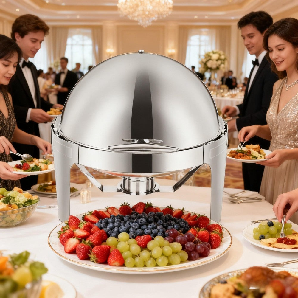 CDH-31 6L Round Stainless Steel Chafing Dish Buffet Stove, Alcohol-Heating Food Warmer (Fuel Not Included), Silver Color, Large Capacity & Long-Lasting Heat Preservation