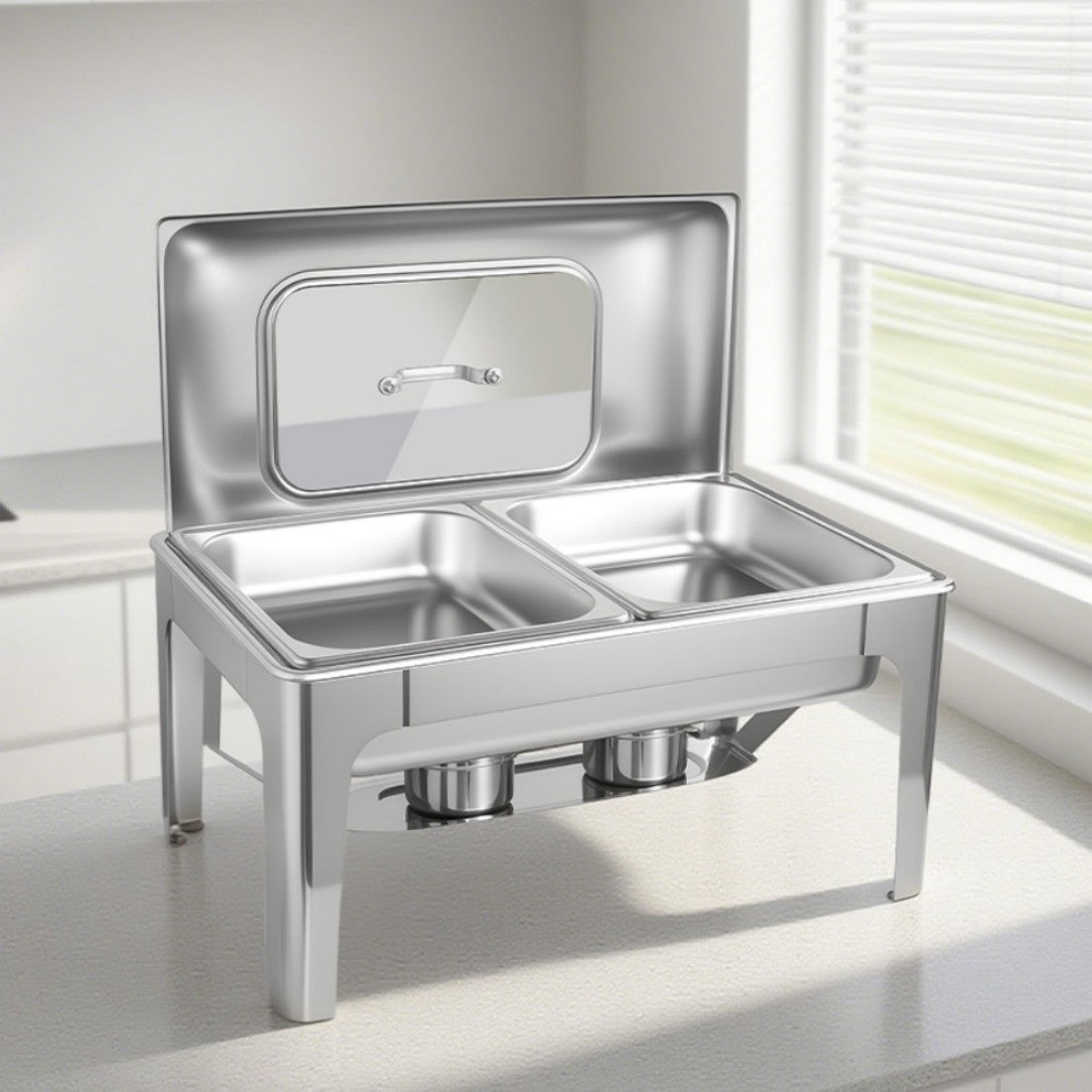 9L Two-Pan Square Stainless Steel Chafing Dish Buffet Stove CDH-34, Alcohol-Heating Food Warmer (Without Alcohol), Silver Color, Heat-Resistant Catering Equipment for Events & Parties