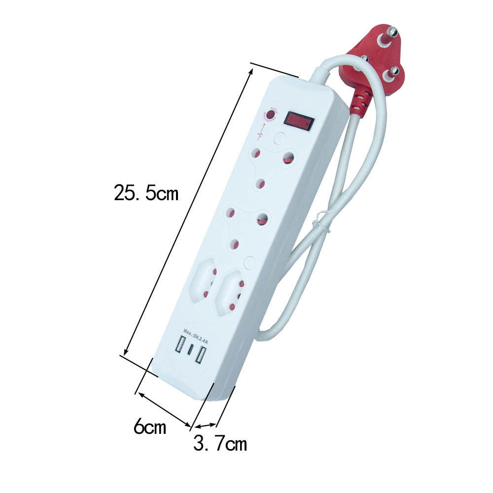 4-Way Surge Protector Power Strip with USB+type-C Ports, 16A Non-Rewirable Red Plug, 450J Surge Protection, Fire-Resistant Shell, IEC Certified, 0.5m Cable CM-2504