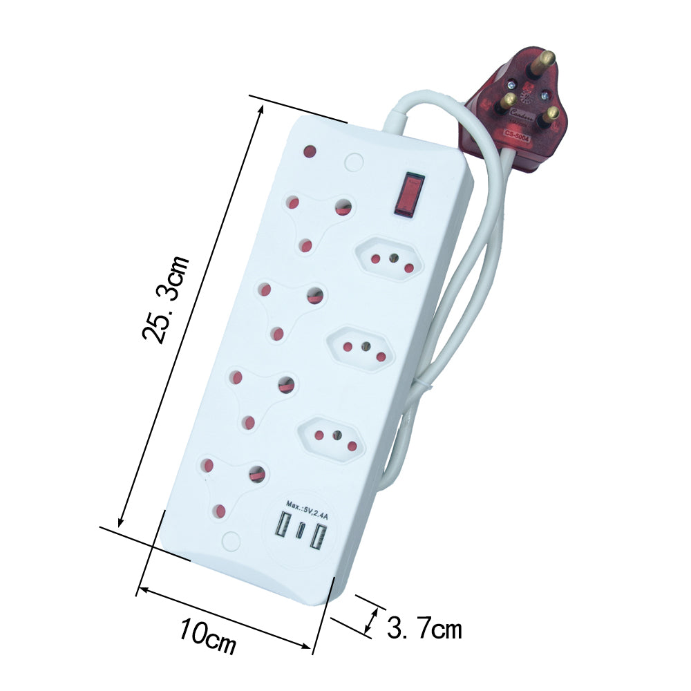 7-Way Multi Socket-outlet with USB+type-C Ports and Surge Protected Plug, Fire-resistant, 500J-700J Protection, 4000W Capacity – IEC Certification, CM-2807