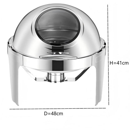 6L Round Chafing Dish Buffet Stove CDH-37, Silver Color, Alcohol-Heating Food Warmer with Visual Glass Lid (Without Alcohol), Stainless Steel Catering Equipment