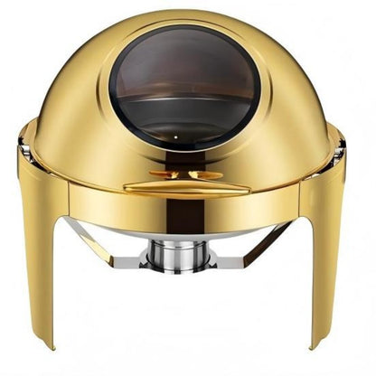 6L Round Chafing Dish Buffet Stove CDH-38, Gold Color, Alcohol-Heating Food Warmer with Visual Glass Lid (Without Alcohol), Stainless Steel Catering Equipment