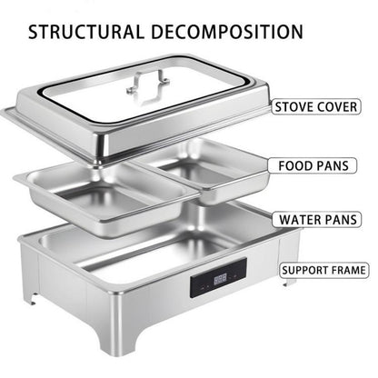 TH-5002 9L Two-Pans Electric Heater Buffet Stove, Square Stainless Steel Set with Visual Glass, Touch Temperature Control & Display