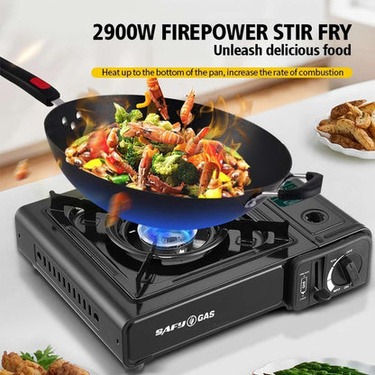 Portable Camping Gas Stove with Piezo-Electric Ignition, Safety Locking Mechanism, Adjustable Flame Control, 4 Butane Gas Canisters, Enamel Coated Pot Holder, and Storage Case