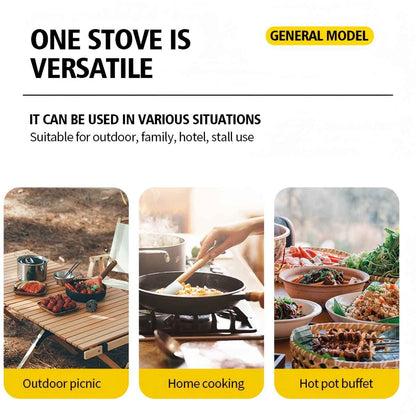 Portable Camping Gas Stove with Piezo-Electric Ignition, Safety Locking Mechanism, Adjustable Flame Control, 4 Butane Gas Canisters, Enamel Coated Pot Holder, and Storage Case