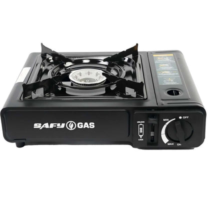 Portable Camping Gas Stove with Piezo-Electric Ignition, Safety Locking Mechanism, Adjustable Flame Control, 4 Butane Gas Canisters, Enamel Coated Pot Holder, and Storage Case