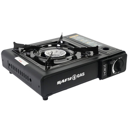 Portable Camping Gas Stove with Piezo-Electric Ignition, Safety Locking Mechanism, Adjustable Flame Control, 4 Butane Gas Canisters, Enamel Coated Pot Holder, and Storage Case