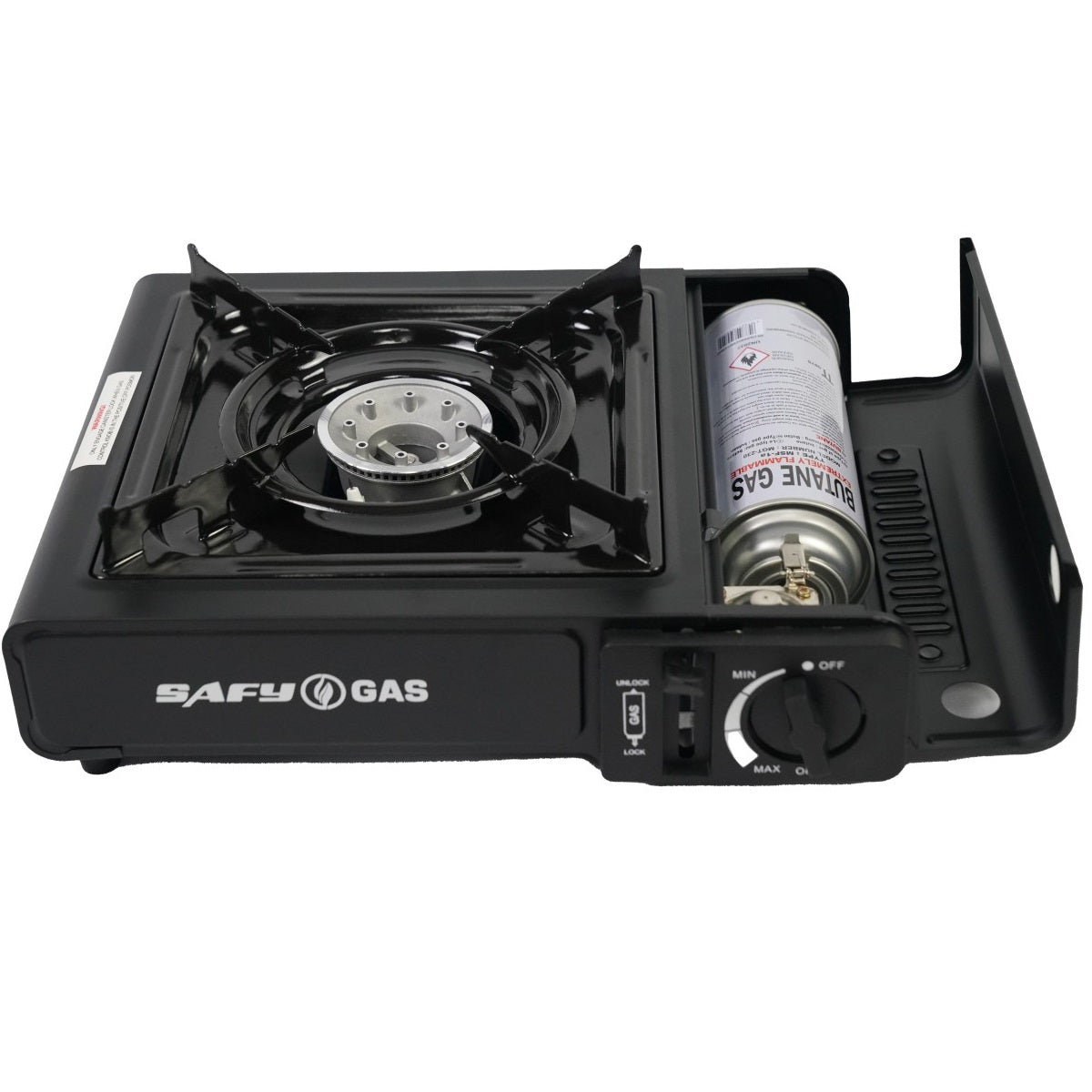 Portable Camping Gas Stove with Piezo-Electric Ignition, Safety Locking Mechanism, Adjustable Flame Control, 4 Butane Gas Canisters, Enamel Coated Pot Holder, and Storage Case