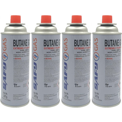 Portable Camping Gas Stove with Piezo-Electric Ignition, Safety Locking Mechanism, Adjustable Flame Control, 4 Butane Gas Canisters, Enamel Coated Pot Holder, and Storage Case