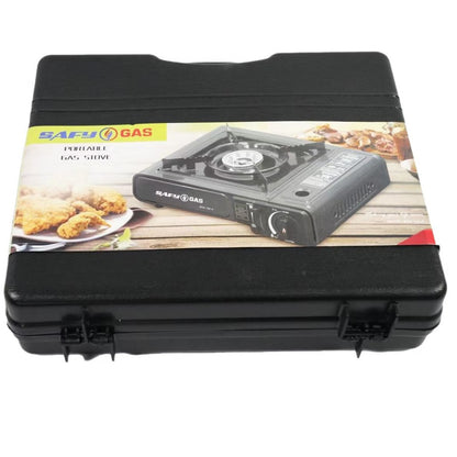 Portable Camping Gas Stove with Piezo-Electric Ignition, Safety Locking Mechanism, Adjustable Flame Control, 4 Butane Gas Canisters, Enamel Coated Pot Holder, and Storage Case