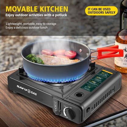 Portable Camping Gas Stove with Piezo-Electric Ignition, Safety Locking Mechanism, Adjustable Flame Control, 4 Butane Gas Canisters, Enamel Coated Pot Holder, and Storage Case