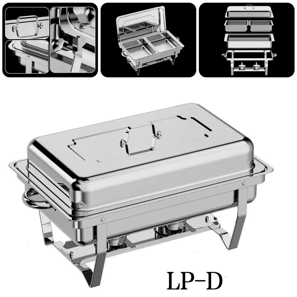 LP-D Two-pans Alcohol-heating Buffet Stove Without Alcohol, 9L Square Stainless Steel Chafing Dish Silver Color, Double Food Pans Food Warmer with Folding Frame & Strong Heat Preservation