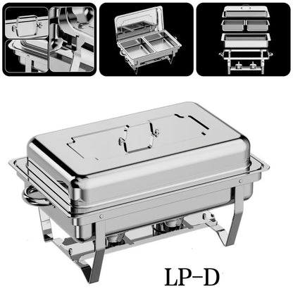 LP-D Two-pans Alcohol-heating Buffet Stove Without Alcohol, 9L Square Stainless Steel Chafing Dish Silver Color, Double Food Pans Food Warmer with Folding Frame & Strong Heat Preservation