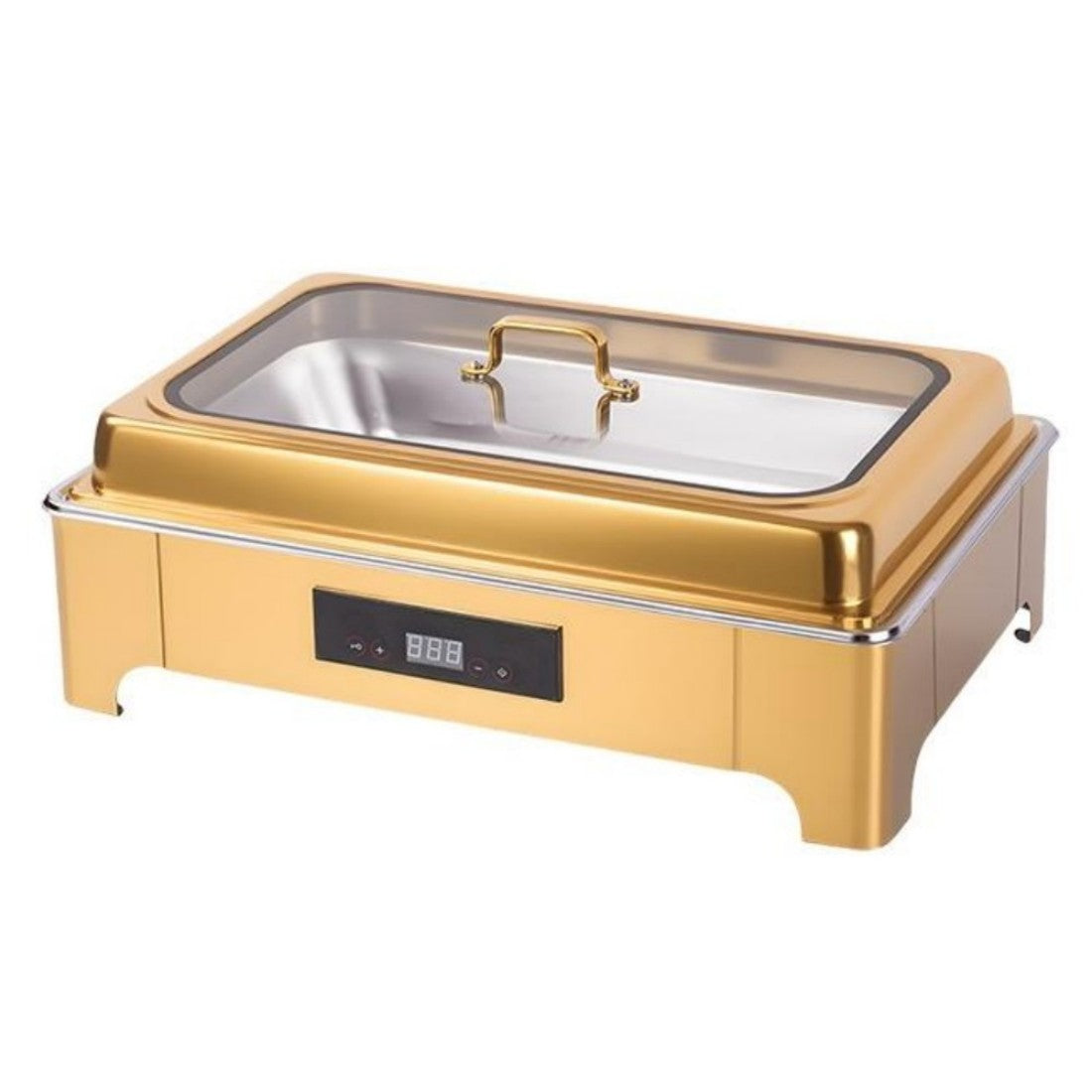 TH-5003 9L One-Pan Electric Heater Buffet Stove, Square Stainless Steel Set with Visual Glass Lid, Touch Temperature Control & Digital Display, Hot Water Heating System for Longer Freshness