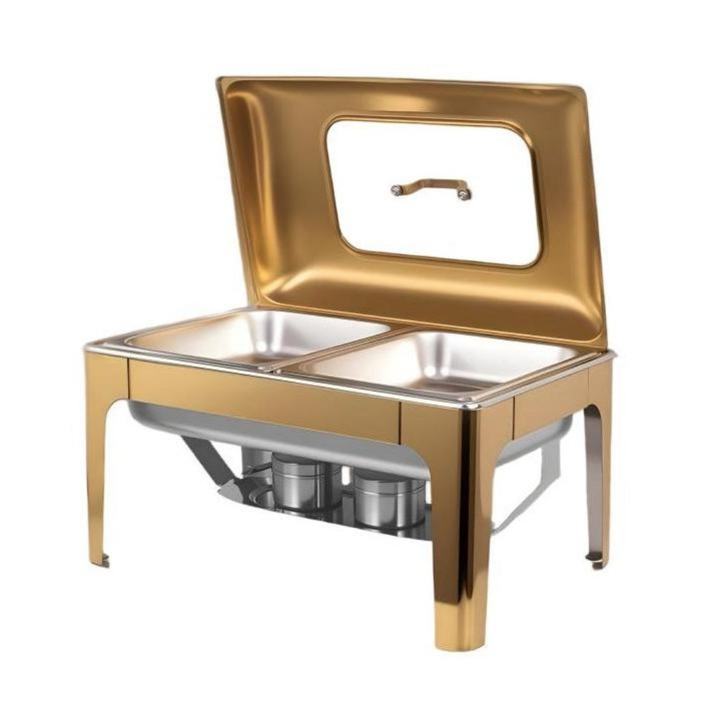 9L Two-Pan Square Stainless Steel Chafing Dish Buffet Stove CDH-36, Gold Color, Alcohol-Heating Food Warmer (Without Alcohol), Dual-Pan Catering Equipment for Events & Banquets
