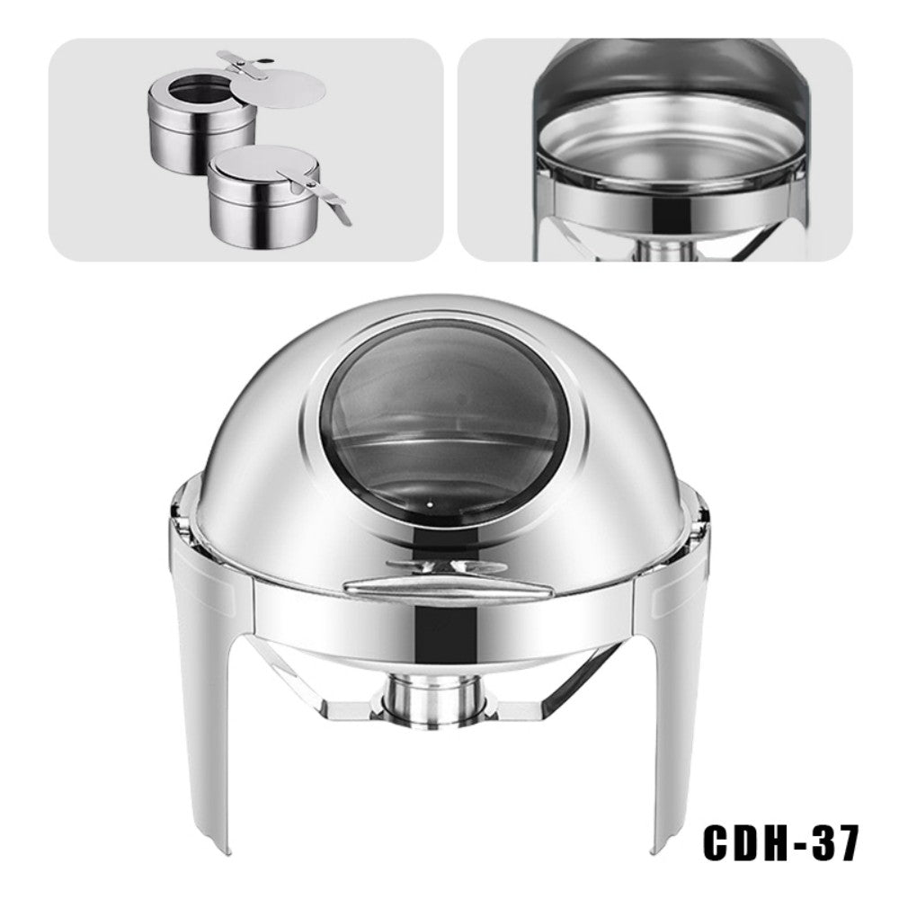 6L Round Chafing Dish Buffet Stove CDH-37, Silver Color, Alcohol-Heating Food Warmer with Visual Glass Lid (Without Alcohol), Stainless Steel Catering Equipment