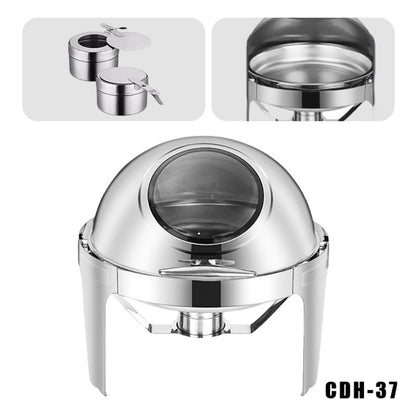 6L Round Chafing Dish Buffet Stove CDH-37, Silver Color, Alcohol-Heating Food Warmer with Visual Glass Lid (Without Alcohol), Stainless Steel Catering Equipment