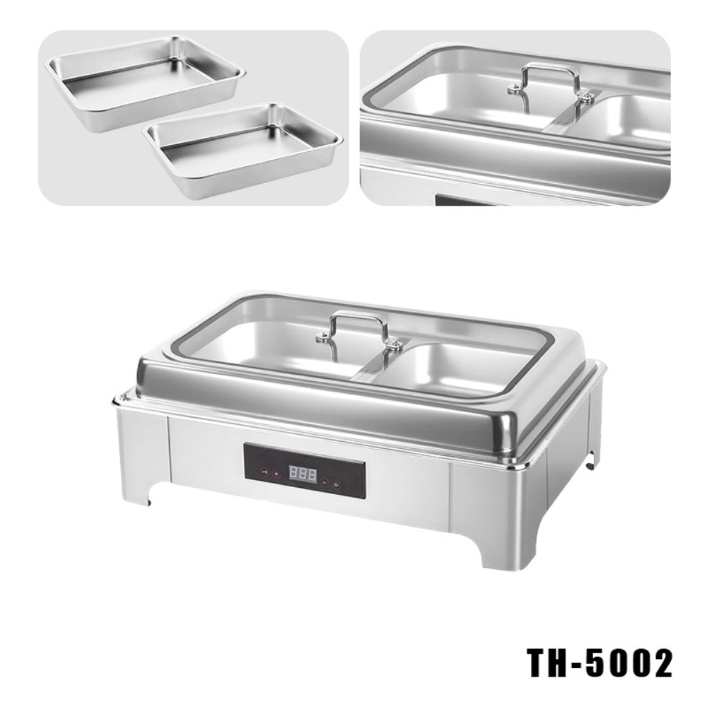 TH-5002 9L Two-Pans Electric Heater Buffet Stove, Square Stainless Steel Set with Visual Glass, Touch Temperature Control & Display