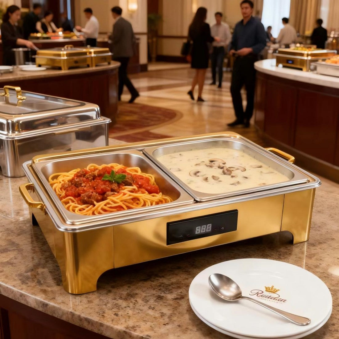 TH-5004 9L Two-Pans Electric Heater Buffet Stove, Square Stainless Steel Set with Visual Glass Lid, Gold Color, Touch Temperature Control & Digital Display