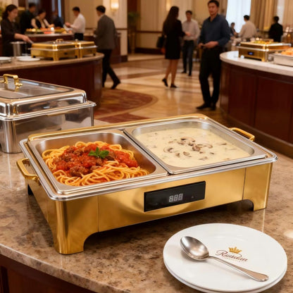 TH-5004 9L Two-Pans Electric Heater Buffet Stove, Square Stainless Steel Set with Visual Glass Lid, Gold Color, Touch Temperature Control & Digital Display