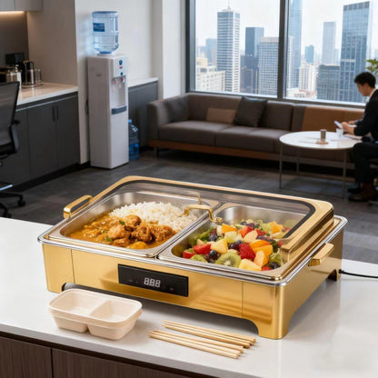 TH-5004 9L Two-Pans Electric Heater Buffet Stove, Square Stainless Steel Set with Visual Glass Lid, Gold Color, Touch Temperature Control & Digital Display