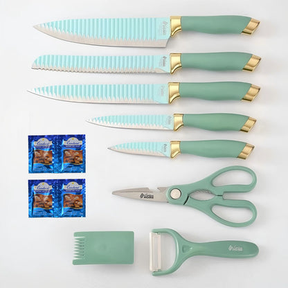 CONDERE HOME 8 PCS Knife Set | Chef, Bread, Slicer, Utility, Paring Knife, Ceramic Peeler, Scissors, Finger Protector 3CR13 Stainless Steel