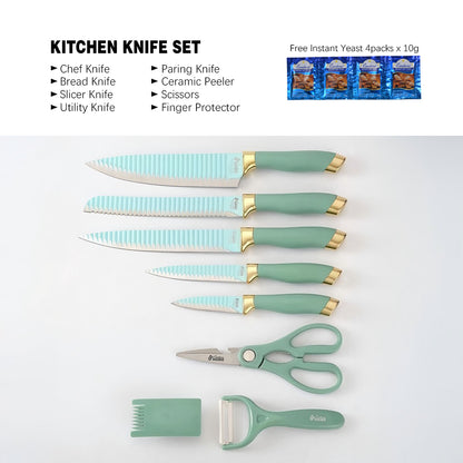 CONDERE HOME 8 PCS Knife Set | Chef, Bread, Slicer, Utility, Paring Knife, Ceramic Peeler, Scissors, Finger Protector 3CR13 Stainless Steel