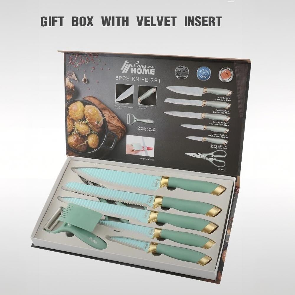 CONDERE HOME 8 PCS Knife Set | Chef, Bread, Slicer, Utility, Paring Knife, Ceramic Peeler, Scissors, Finger Protector 3CR13 Stainless Steel