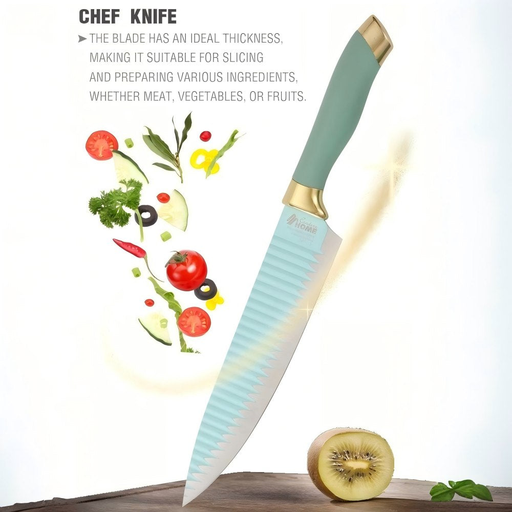 CONDERE HOME 8 PCS Knife Set | Chef, Bread, Slicer, Utility, Paring Knife, Ceramic Peeler, Scissors, Finger Protector 3CR13 Stainless Steel