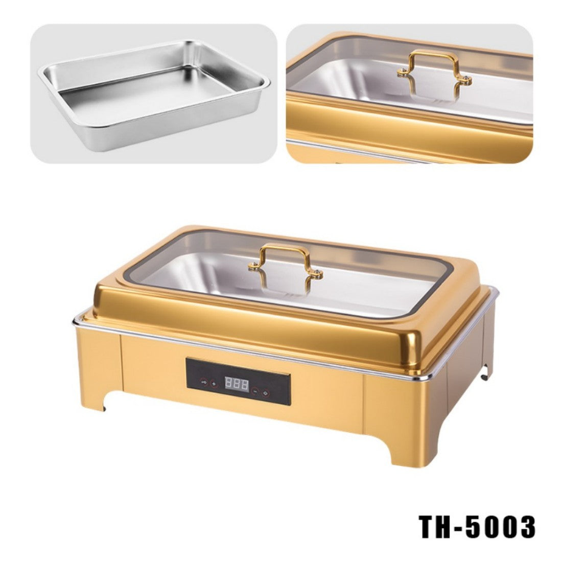 TH-5003 9L One-Pan Electric Heater Buffet Stove, Square Stainless Steel Set with Visual Glass Lid, Touch Temperature Control & Digital Display, Hot Water Heating System for Longer Freshness