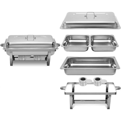 LP-D Two-pans Alcohol-heating Buffet Stove Without Alcohol, 9L Square Stainless Steel Chafing Dish Silver Color, Double Food Pans Food Warmer with Folding Frame & Strong Heat Preservation