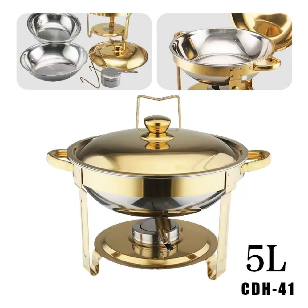 CDH-41 One-pan Alcohol-heating Buffet Stove (Without Alcohol), 5L Round Stainless Steel Chafing Dish, Gold Color, South Africa Production, Heat Preservation Food Warmer for Buffet Catering