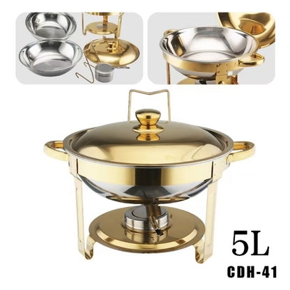 CDH-41 One-pan Alcohol-heating Buffet Stove (Without Alcohol), 5L Round Stainless Steel Chafing Dish, Gold Color, South Africa Production, Heat Preservation Food Warmer for Buffet Catering