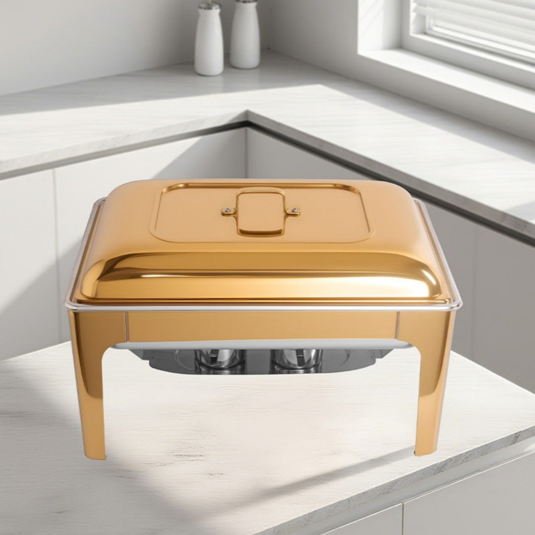 9L One-Pan Square Stainless Steel Chafing Dish Buffet Stove CDH-35, Gold Color, Alcohol-Heating Food Warmer (Without Alcohol), Heat-Resistant Catering Equipment for Events & Parties