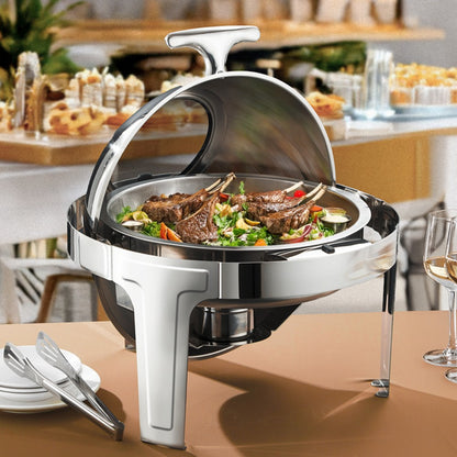 6L Round Chafing Dish Buffet Stove CDH-37, Silver Color, Alcohol-Heating Food Warmer with Visual Glass Lid (Without Alcohol), Stainless Steel Catering Equipment