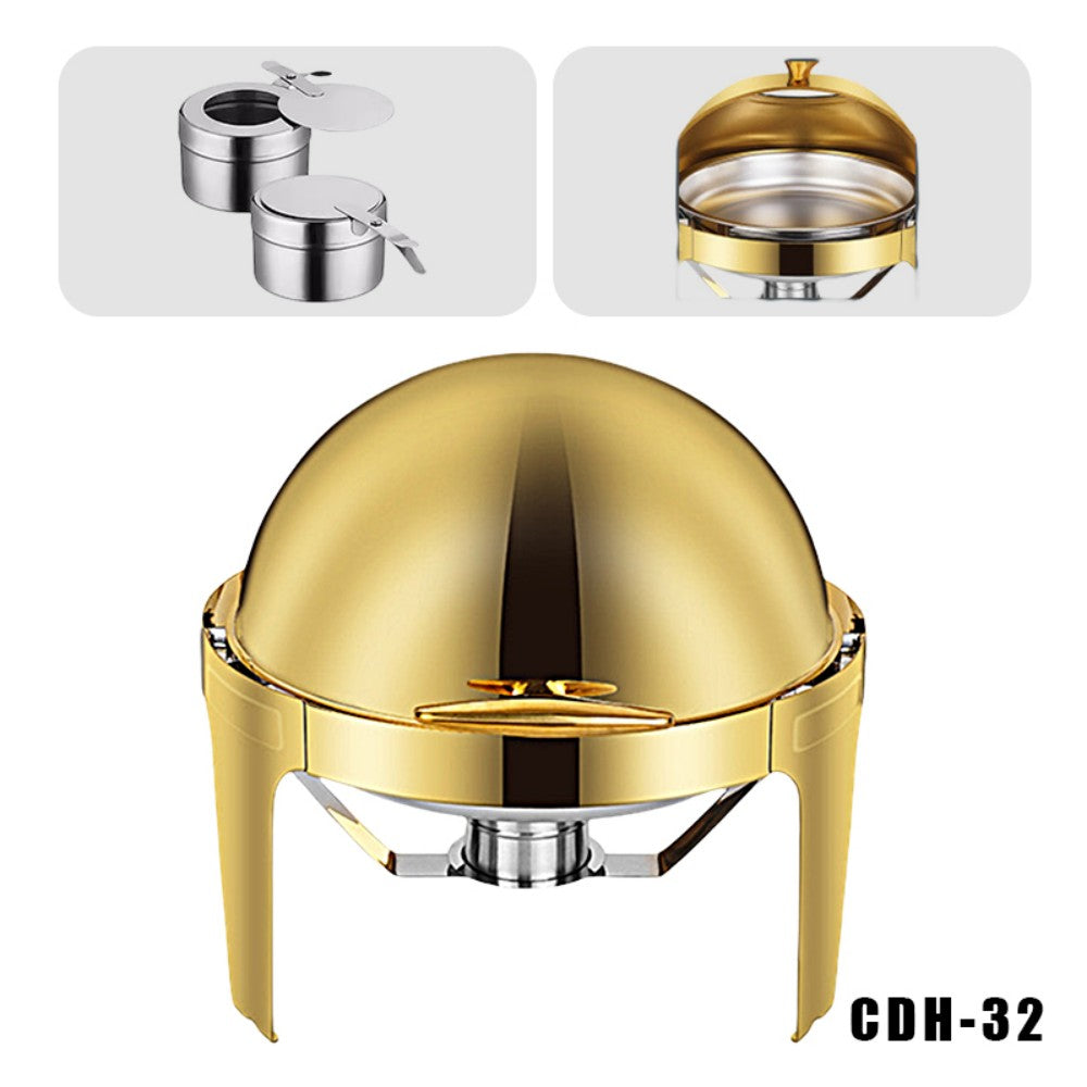 CDH-32 6L Round Stainless Steel Chafing Dish Buffet Stove, Alcohol-Heating Food Warmer (Fuel Not Included), Gold Color, Large Capacity & Long Heat Preservation