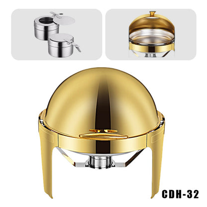 CDH-32 6L Round Stainless Steel Chafing Dish Buffet Stove, Alcohol-Heating Food Warmer (Fuel Not Included), Gold Color, Large Capacity & Long Heat Preservation