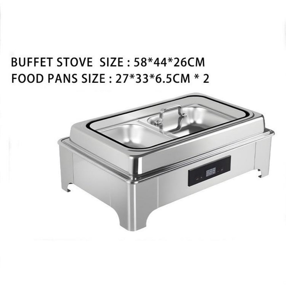 TH-5002 9L Two-Pans Electric Heater Buffet Stove, Square Stainless Steel Set with Visual Glass, Touch Temperature Control & Display