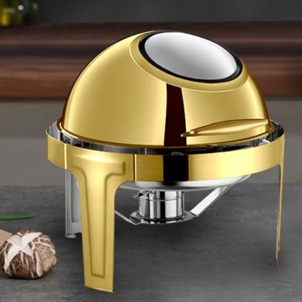 6L Round Chafing Dish Buffet Stove CDH-38, Gold Color, Alcohol-Heating Food Warmer with Visual Glass Lid (Without Alcohol), Stainless Steel Catering Equipment