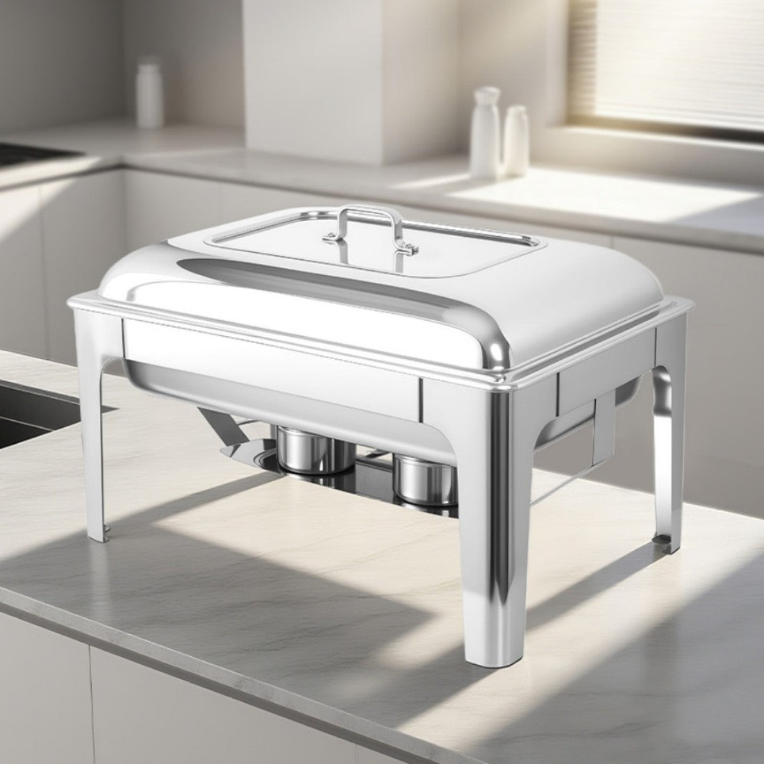 9L Two-Pan Square Stainless Steel Chafing Dish Buffet Stove CDH-34, Alcohol-Heating Food Warmer (Without Alcohol), Silver Color, Heat-Resistant Catering Equipment for Events & Parties