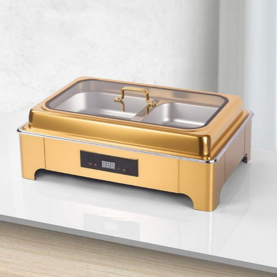 TH-5004 9L Two-Pans Electric Heater Buffet Stove, Square Stainless Steel Set with Visual Glass Lid, Gold Color, Touch Temperature Control & Digital Display