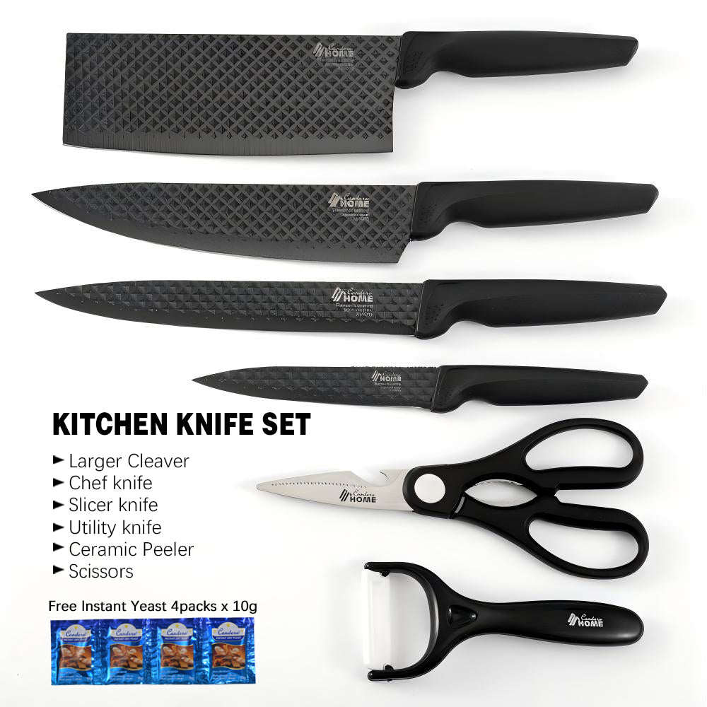 CONDERE HOME 6 PCS Knife Set with free yeast Includes Larger Cleaver, Chef Knife, Slicer, Utility Knife, Ceramic Peeler & Scissors 3CR13 Stainless Steel