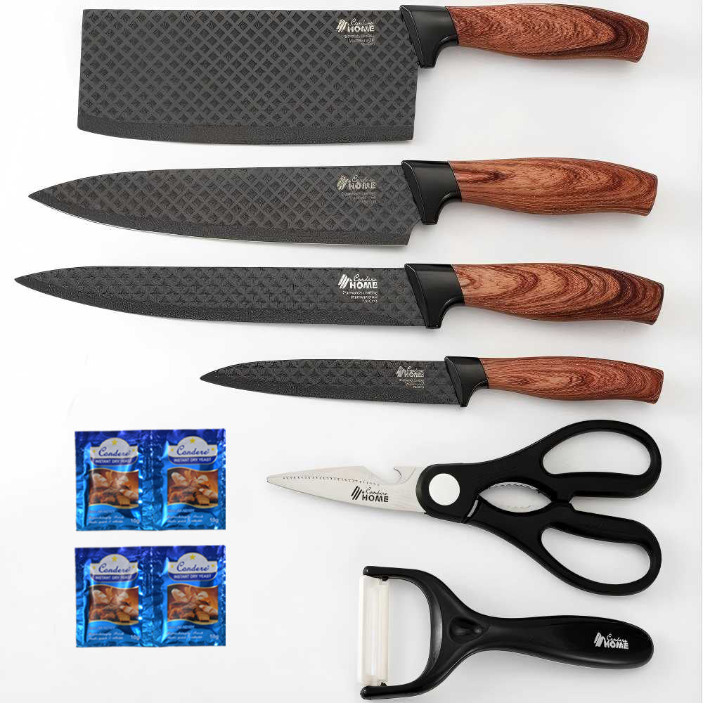 CONDERE HOME 6 PCS Kitchen Knife Set with Free Yeast Larger Cleaver, Chef Knife, Slicer, Utility Knife, Peeler & Scissors 3CR13 Stainless Steel Colour Box