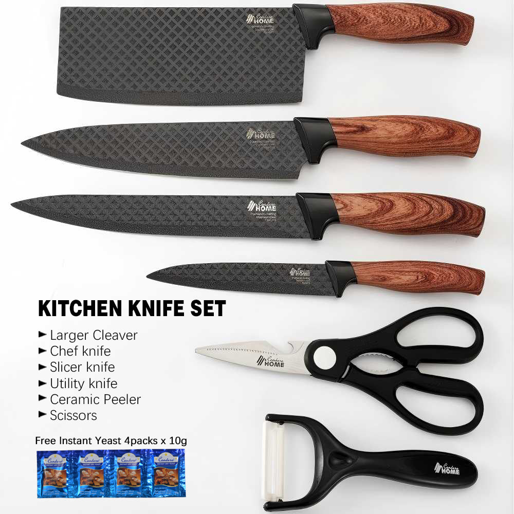 CONDERE HOME 6 PCS Kitchen Knife Set with Free Yeast Larger Cleaver, Chef Knife, Slicer, Utility Knife, Peeler & Scissors 3CR13 Stainless Steel Colour Box