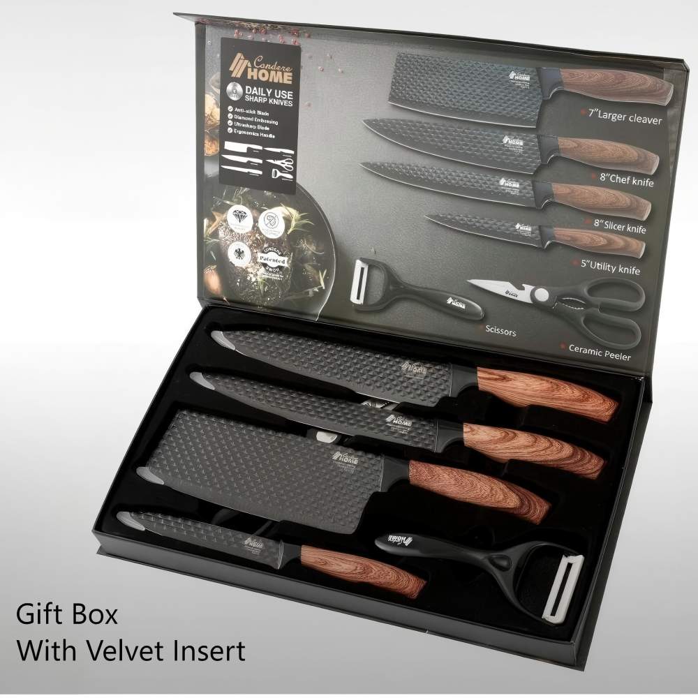 CONDERE HOME 6 PCS Kitchen Knife Set with Free Yeast Larger Cleaver, Chef Knife, Slicer, Utility Knife, Peeler & Scissors 3CR13 Stainless Steel Colour Box