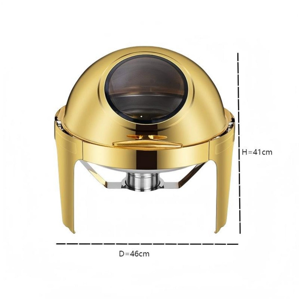 6L Round Chafing Dish Buffet Stove CDH-38, Gold Color, Alcohol-Heating Food Warmer with Visual Glass Lid (Without Alcohol), Stainless Steel Catering Equipment
