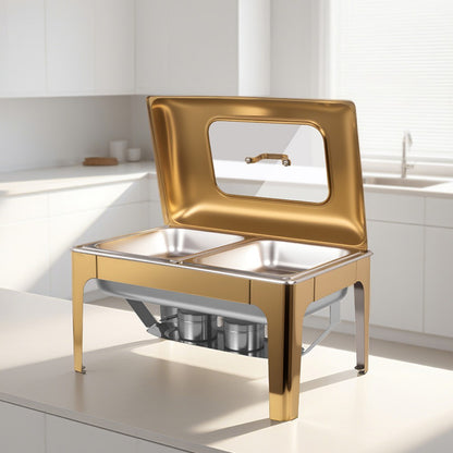 9L Two-Pan Square Stainless Steel Chafing Dish Buffet Stove CDH-36, Gold Color, Alcohol-Heating Food Warmer (Without Alcohol), Dual-Pan Catering Equipment for Events & Banquets