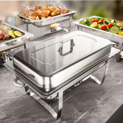 LP One-pan Alcohol-heating Buffet Stove Without Alcohol, 9L Square Stainless Steel Chafing Dish, Silver Color Food Warmer with Folding Frame and Heat Preservation