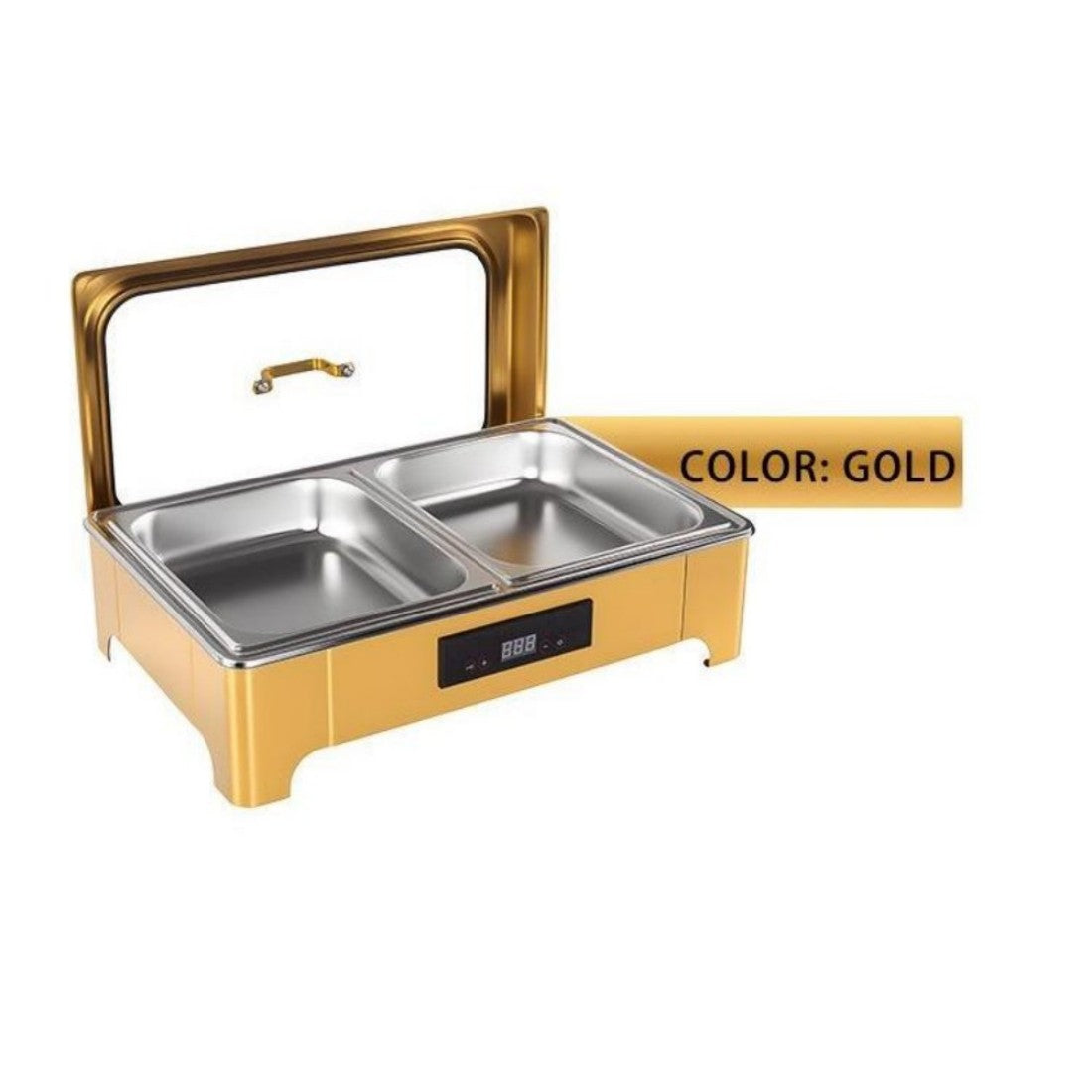 TH-5004 9L Two-Pans Electric Heater Buffet Stove, Square Stainless Steel Set with Visual Glass Lid, Gold Color, Touch Temperature Control & Digital Display
