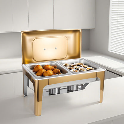 9L Two-Pan Square Stainless Steel Chafing Dish Buffet Stove CDH-36, Gold Color, Alcohol-Heating Food Warmer (Without Alcohol), Dual-Pan Catering Equipment for Events & Banquets